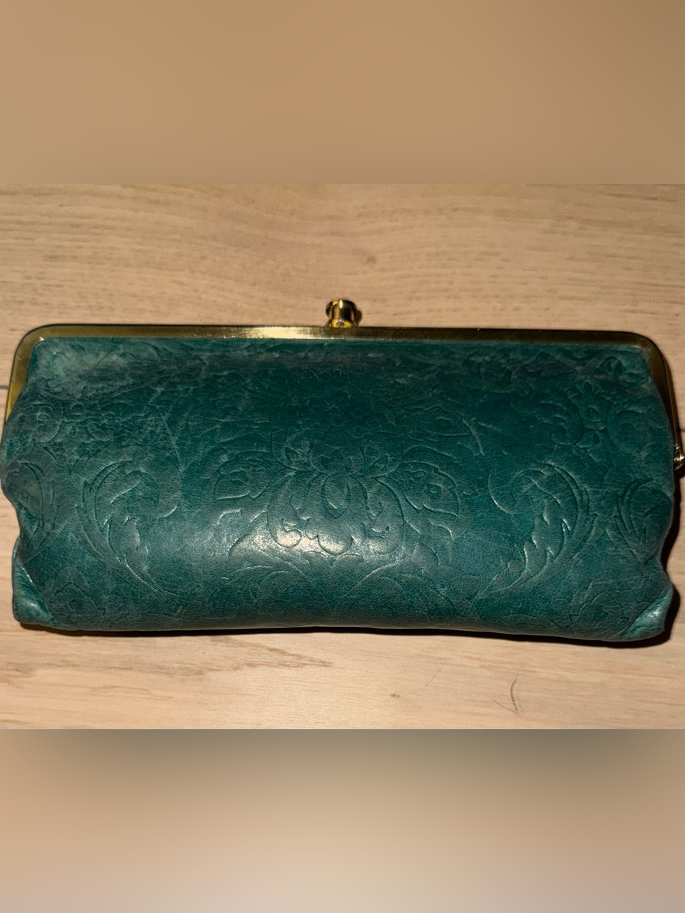HOBO Embossed Teal Leather Kiss Lock Clutch Wallet